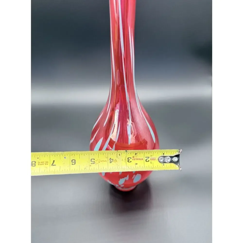 Vintage Red Swung Art Glass Vase Blue Applied Dots MCM Blown Glass 15.5”